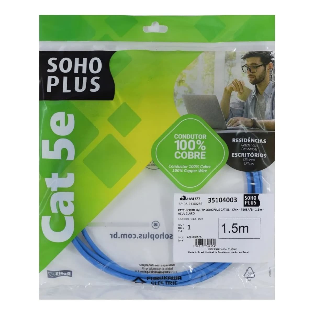 Patch Cord Cat5e 1.5 Metros Furukawa Sohoplus Azul Claro, U/UTP - 35104003